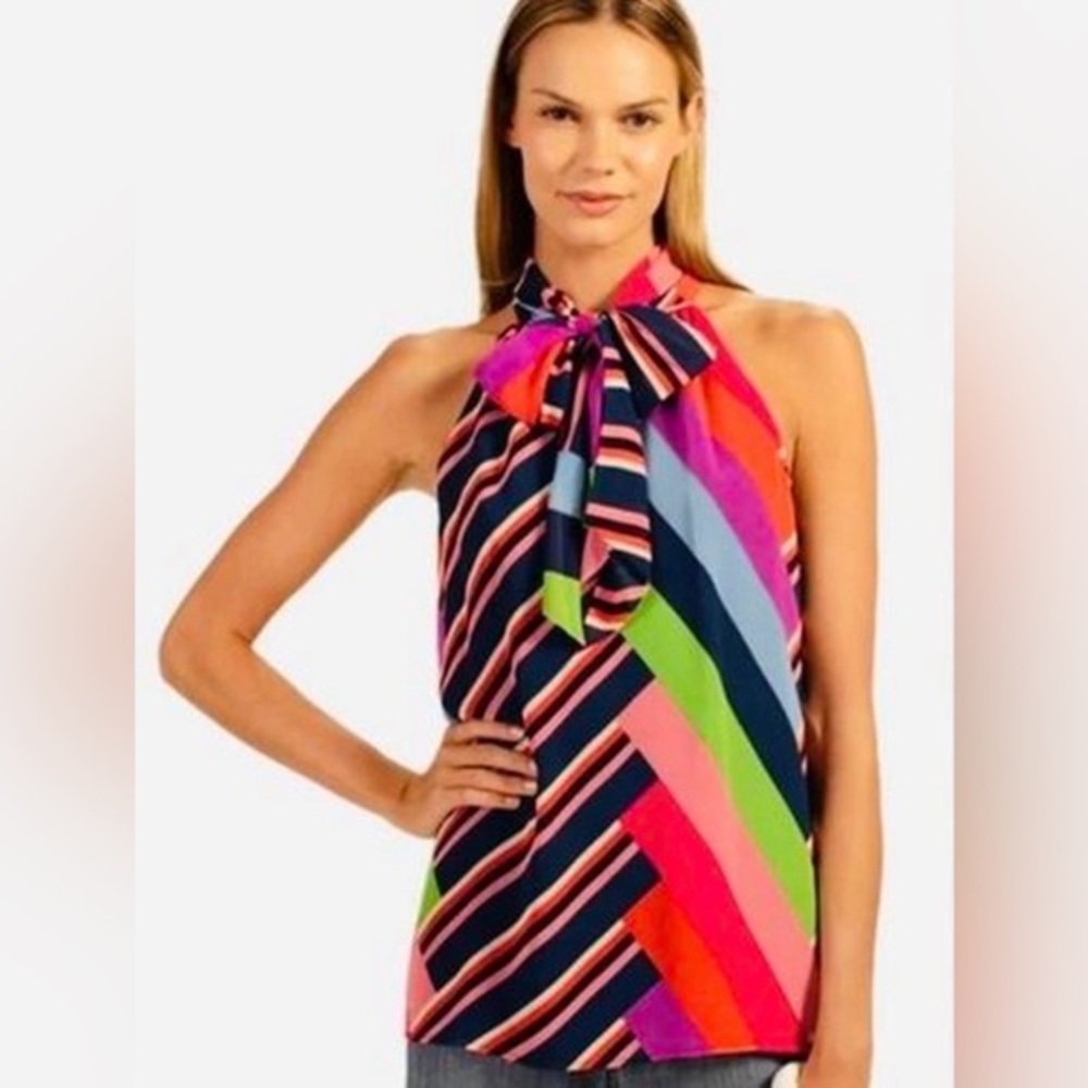 Women's Trina Turk Vibrant‎ Multicolor Striped Halter Blouse Small Tie Neck Chic